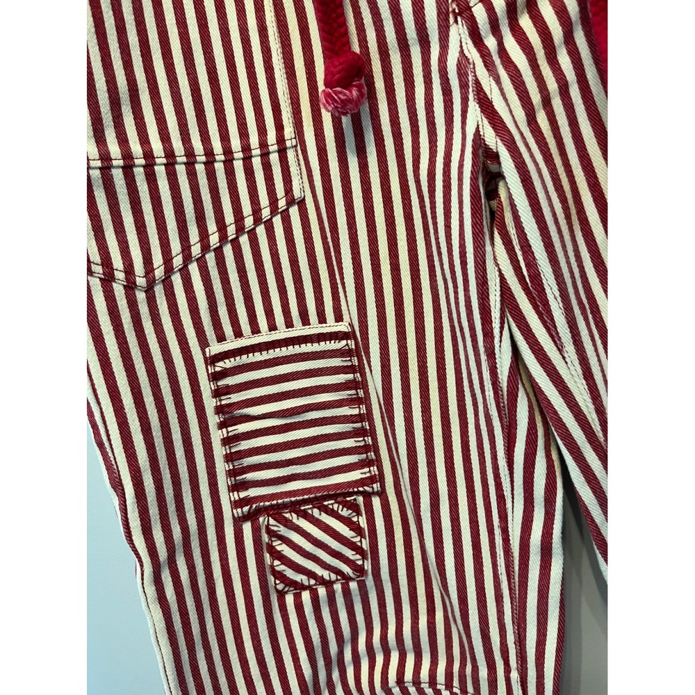 BIBI Red White Striped Denim Patchwork Pants XL Drawstring Grommet Utility Jeans - Picture 5 of 6